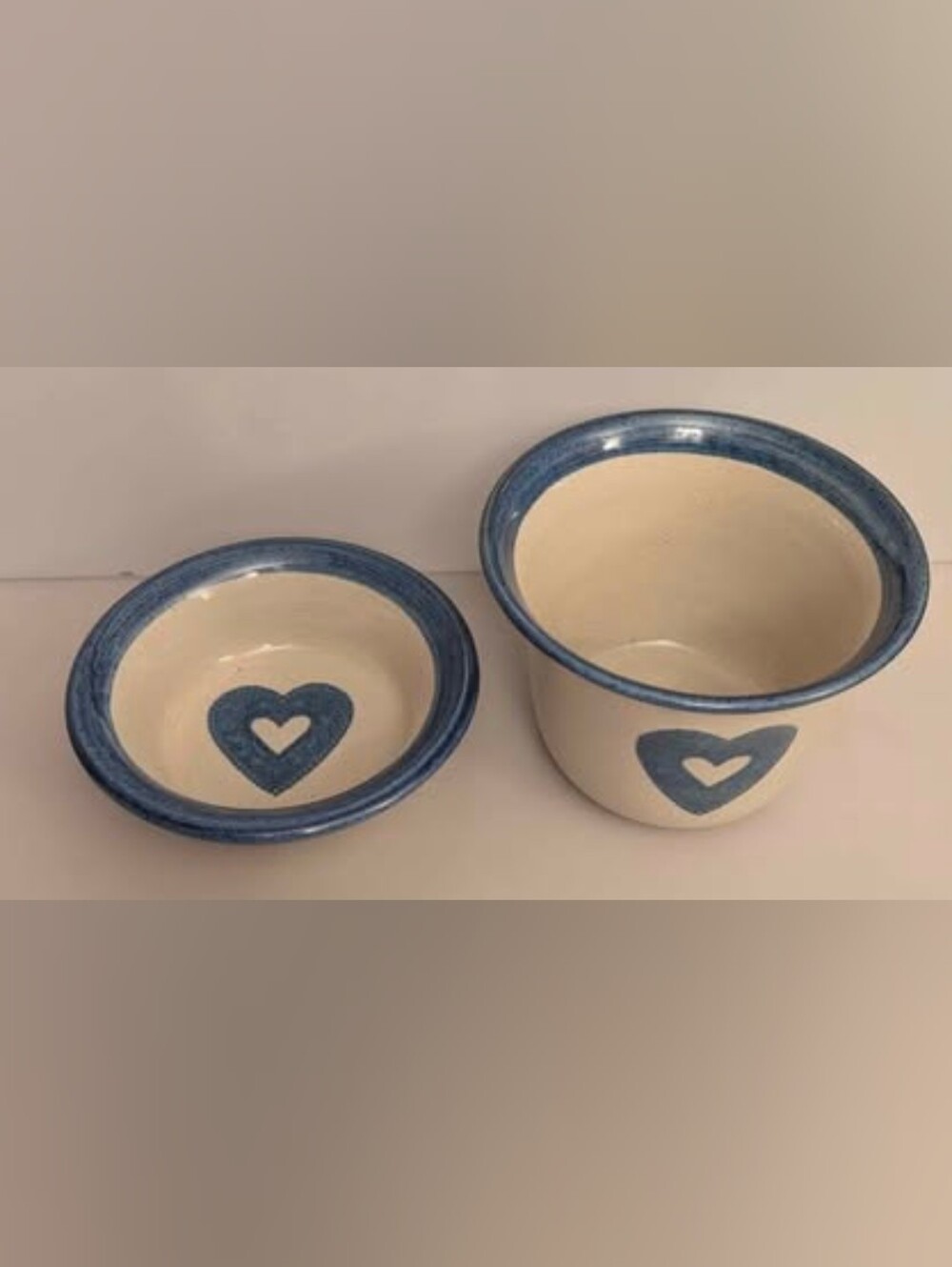 1999 Brinker Pottery Stoneware Chips & Dip Crock Blue Heart Bowls Set Farm Decor